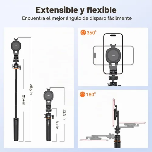 Vista 3 de VRIG - Trípode magnético para selfie stick de 21.6 pulgadas con control remoto inalámbrico, trípode extensible para teléfono Magsafe para iPhone 16