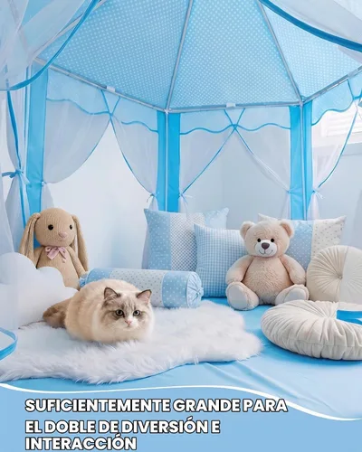 Vista 4 de Sumbababy - Tienda de campaña de castillo de princesa para niñas, de juego, hexagonal, azul, con luces de estrella de hadas, juguetes para niños