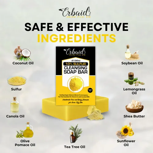 Vista 5 de Barra limpiadora de jabón de azufre 10% para cara y cuerpo, limpiador facial de azufre natural para acné, piel grasa, mezcla de citronela, aceite