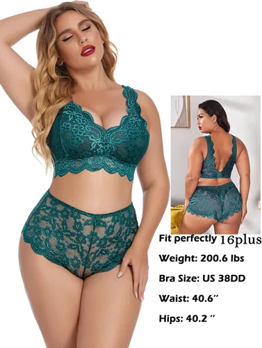 Vista 2 de Avidlove Conjunto de lencería de talla grande para mujer, sexy, con encaje halter, bralette de cintura alta