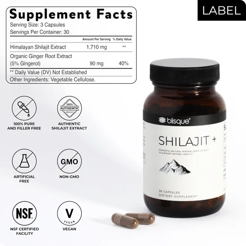 Vista 5 de Blisque Cápsulas de extracto de resina Shilajit orgánica pura del Himalaya Auténtico y natural Grado dorado A Contiene ácido fúlvico