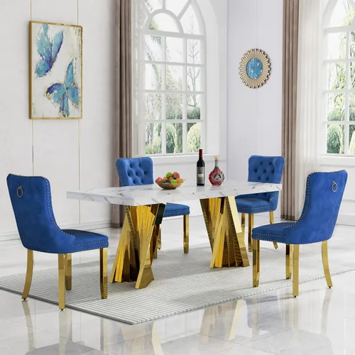 Vista 61 de HomVent - Juego de mesa de comedor de mármol sintético de 68 pulgadas con 4 sillas de terciopelo para cocina Modern Rectangular Faux Marble