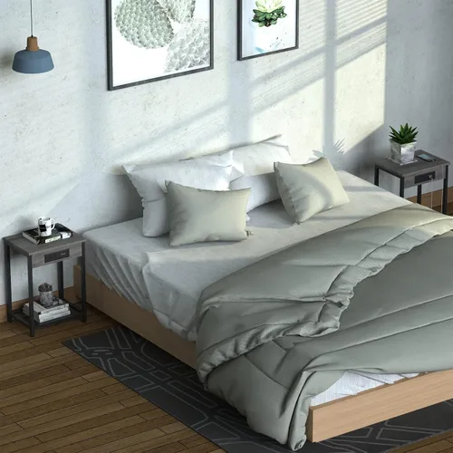 Vista 6 de Mesita de noche con estación de carga, mesa auxiliar para dormitorio con puertos USB y tomacorrientes, soporte moderno para tocadiscos, mesa
