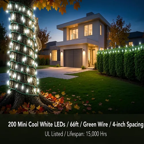 Vista 6 de 200 luces LED de Navidad blancas frías, certificación UL y luces comerciales de alambre verde de 66 pies, para interiores y exteriores, invierno