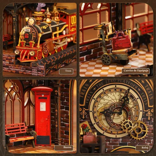 Vista 2 de Kit de rincón de libro, kit de casa en miniatura para adultos, rompecabezas LED 3D estación mágica, kit de rincón de libros, fabricado en madera