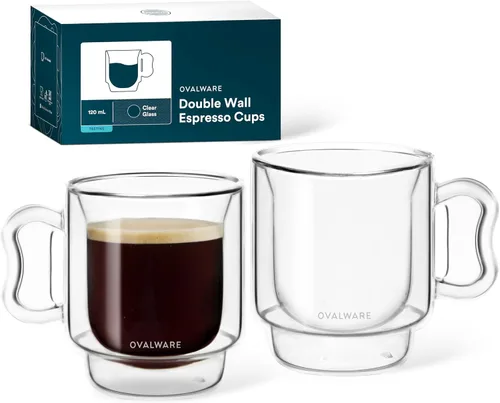 Vista 8 de ovalware RJ3 - Tazas de vidrio para café expreso de 4 onzas (juego de 4) de doble pared con mango de mariposa maciza, elegante taza de café espresso