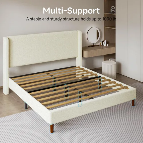 Vista 5 de Marco de cama Full Boucle, cama de plataforma con cabecera tapizada con respaldo de ala, fuerte soporte de listones de madera, sin ruido, no Beige