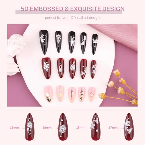 Vista 4 de 8 hojas de calcomanías de arte de uñas con flores 5D, calcomanías de uñas en relieve con pinzas, pegatinas autoadhesivas, uñas rosas y blancas