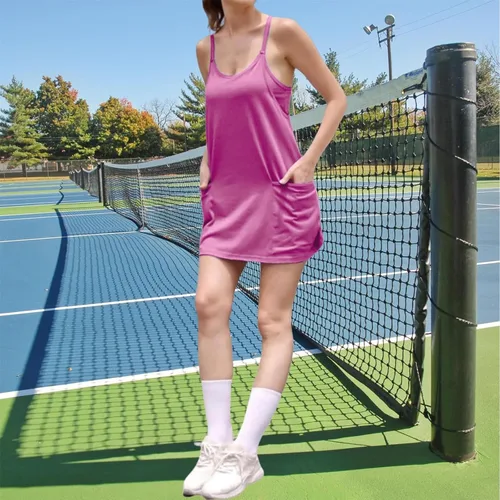 Vista 5 de UNIANKIYA Enterizo de entrenamiento para mujer con pantalones cortos debajo, sin mangas, tirantes delgados, trajes atléticos, trajes casuales