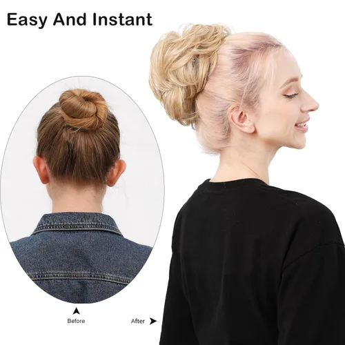 Vista 2 de Moño desordenado, moño sintético ondulado para coleta, extensiones de cabello rizado (rubio claro)