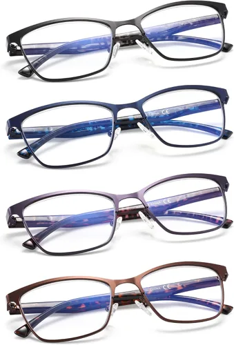 Vista 2 de HIYANJN Paquete de 4 lentes de lectura para mujeres y hombres, bloqueo de luz azul, lentes de metal con marco de acero inoxidable, lentes
