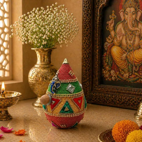 Vista 8 de LOVENSPIRE Shriphal Mangal Kalash Coco decorado para boda Shagun Decorativo Nariyal Mangal Nariyal Kalash Set Boda Pooja Nariyal Decorado Nariyal