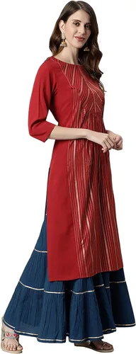 Vista 5 de Janasya Maroon Poly Crepe Kurta para mujer