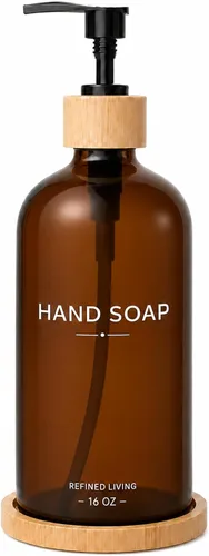 Vista 16 de Dish Soap Dispenser, 16 OZ Glass Kitchen Soap Dispenser with Bamboo Pump and Tray, Refillable Hand Soap Dispenser for Kitchen Countertop, Modern