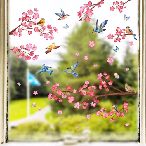 Vista 10 de Adhesivos estáticos para ventana, diseño de flores de primavera, pájaros y mariposas, reutilizables, para bricolaje, ramas de árboles, doble cara