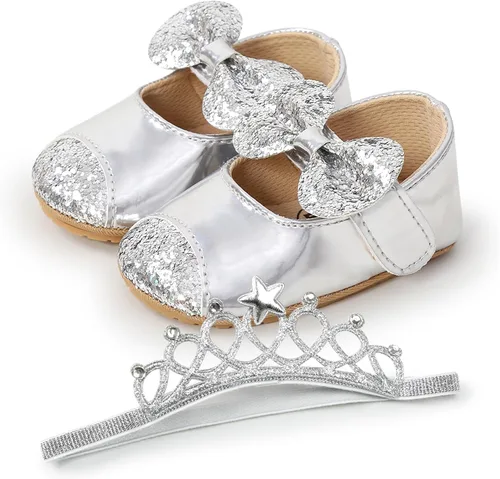 Vista 5 de Zapatos planos Mary Jane para bebé con diadema de lazo, vestido de princesa floral para bebé, suela suave, zapatos de cuna antideslizantes