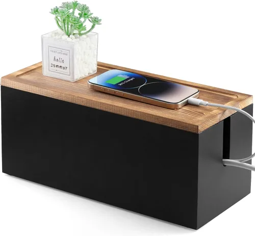 Vista 8 de Caja organizadora de cables de madera de acacia, caja organizadora de cables, 2 ranuras abiertas, organizador de cables para debajo del escritorio
