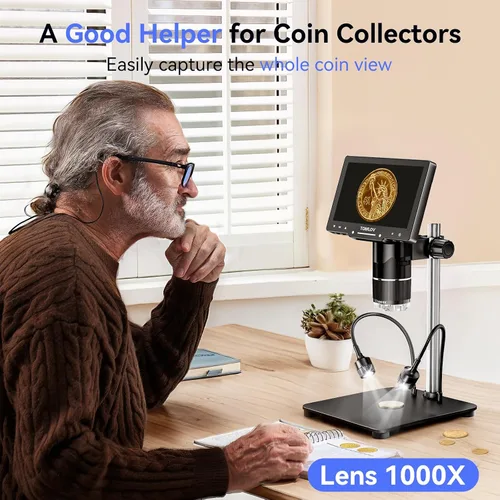 Vista 4 de TOMLOV TriL107 Microscopio digital de 3 lentes: Lupa de microscopio de monedas HDMI de 7 "2500X 2K para visión completa de monedas con pantalla IPS