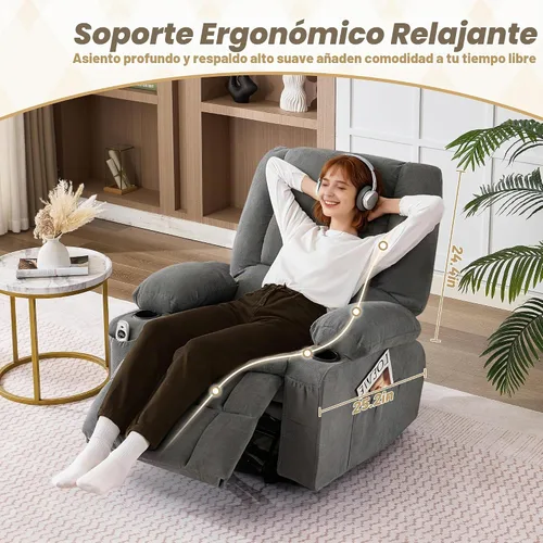 Vista 5 de Rocker - Silla reclinable con masaje y calor, sofá individual ergonómico, mecedoras para sala de estar, cómoda silla reclinable con portavasos Gris