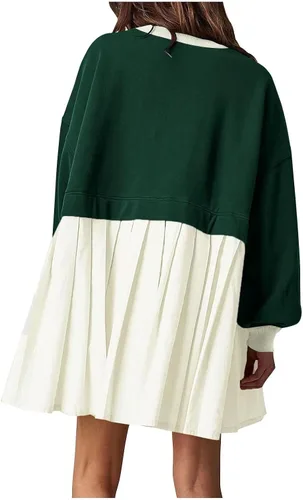 Vista 2 de Vestido plisado de gran tamaño para mujer, sin botones, manga larga, cuello redondo, estilo patchwork, suelto, para otoño