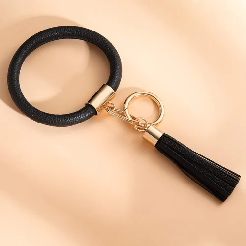 Vista 5 de Coolcos Llavero de piel, círculo grande con borla, para muñeca, brazalete, regalo para mujer