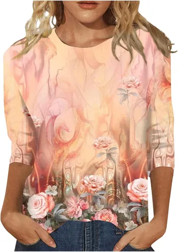 Vista 69 de Camisetas personalizadas para mujer, a la moda, casual, de séptima manga, estampada, cuello redondo, camiseta