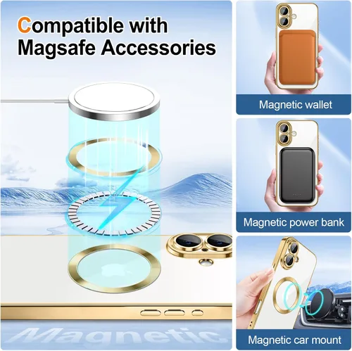 Vista 5 de Hython para iPhone 16 Funda con chispas brillantes, Fundas magnéticas transparentes con protector de lente de cámara [Compatible con MagSafe]