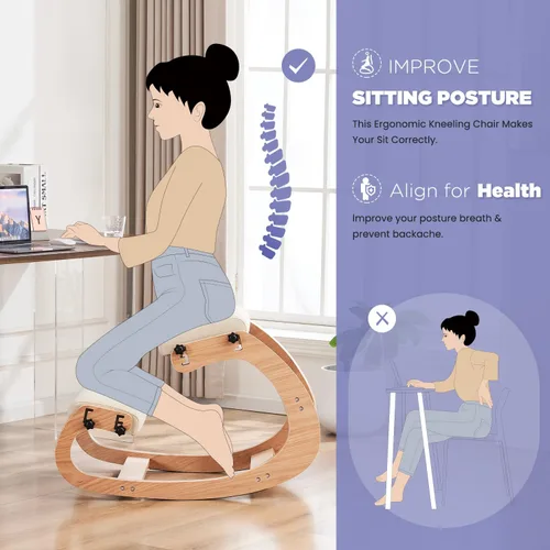 Vista 6 de Silla ergonómica, mecedora ajustable para oficina en casa, silla de rodilla de madera para aliviar el dolor de espalda, color beige