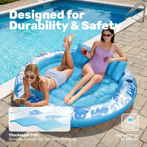 Vista 5 de SLOOSH Flotador inflable para piscina de bronceado, flotadores de piscina de 72 x 56 pulgadas para adultos con almohada, flotador redondo 4 en 1