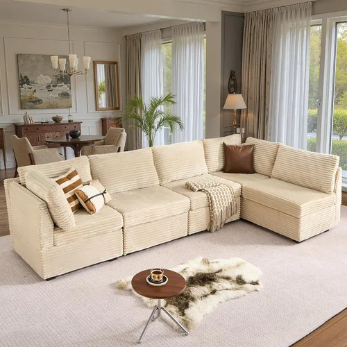 Vista 14 de Ovios - Sofá modular con diván en forma de U y otomanas, cómodo y mullido, tapizado en pana estilo nube, moderno, asiento profundo, juego de sofás