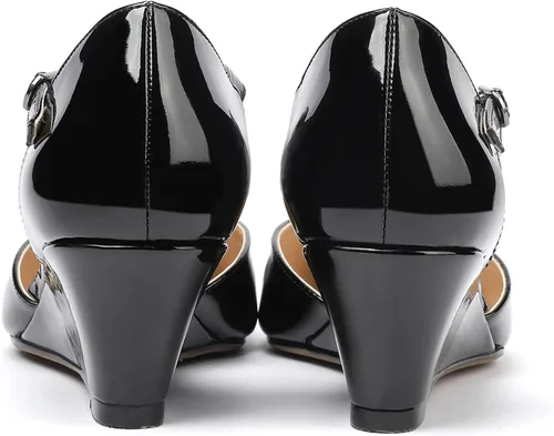 Vista 4 de MODENCOCO Zapatos de tacón bajo con cuña de patente de moda con hebilla de correa en T para mujer 2 pulgadas