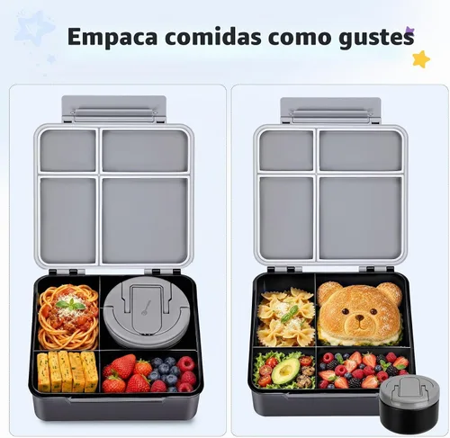 Vista 6 de MAXSO Set de Lonchera Bento para Niños con Termo de Sopa de 8 oz, Envase para Comida Caliente a Prueba de Fugas con 4 Compartimentos, Tarro