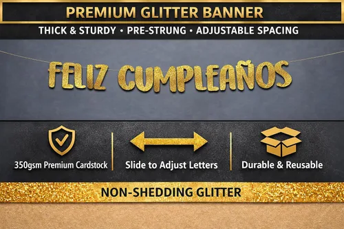 Vista 4 de Cartel de Feliz Cumpleaños con purpurina dorada preencordada, decoraciones de cumpleaños para hombres y mujeres, suministros para fiestas y regalos