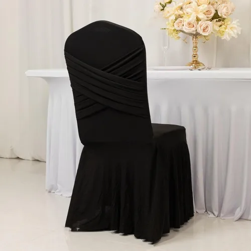 Vista 2 de Efavormart - Funda para silla de banquete de elastano con falda plisada con volantes y banda trasera cruzada, funda elástica negra para bodas y Negro