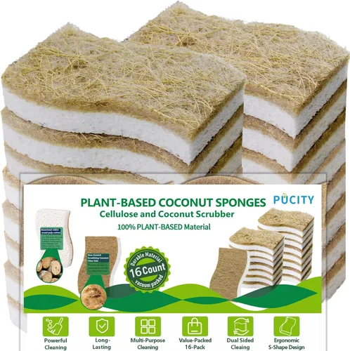 Vista 8 de Esponjas de cocina naturales biodegradables a base de plantas, esponja compostable de celulosa con fibra de coco, esponja de limpieza sin rayones