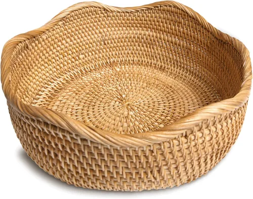 Vista 7 de HITOMEN Cestas de pan de ratán hechas a mano, cestas redondas de mimbre para frutas, tazones de almacenamiento de servicio, naturales, decorativas