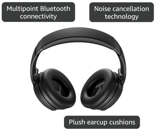 Vista 3 de Bose QuietComfort Auriculares - Auriculares inalámbricos Bluetooth, cancelación activa de ruido supraaurales y micrófono, carga USB-C, graves Negro