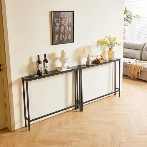 Vista 8 de IBUYKE Paquete de 2 mesas de consola angostas largas con tomas de corriente, puertos USB, mesa de entrada industrial de madera con estación de carga