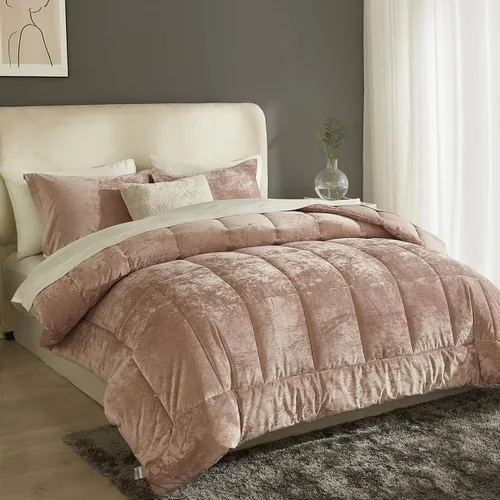 Vista 2 de HYPREST Edredón de terciopelo griego de lujo de 3 piezas, color rubor, tamaño King, ultra suave y acogedor, alternativa al plumón