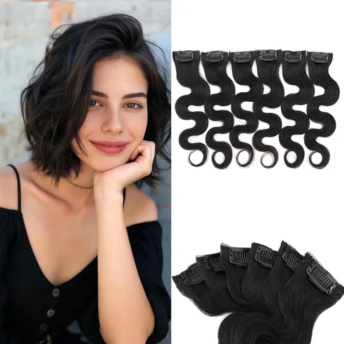Vista 16 de 6 extensiones de cabello real con 6 clips, cabello ondulado de 10 pulgadas, color marrón oscuro