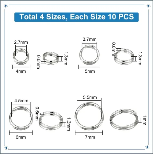 Vista 2 de PH PandaHall 40 anillos divididos, anillos de plata de ley S925, 4 tamaños, doble bucle, pequeño llavero de 4/5/6/0.276 in, anillo de metal redondo