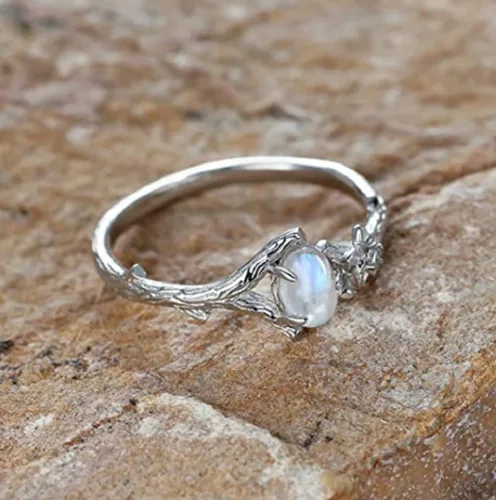 Vista 2 de HUKQBUNX - Anillo de plata de ley 925 con piedra lunar natural, rama femenina, flor y dama, anillo de compromiso brillante para boda, fiesta