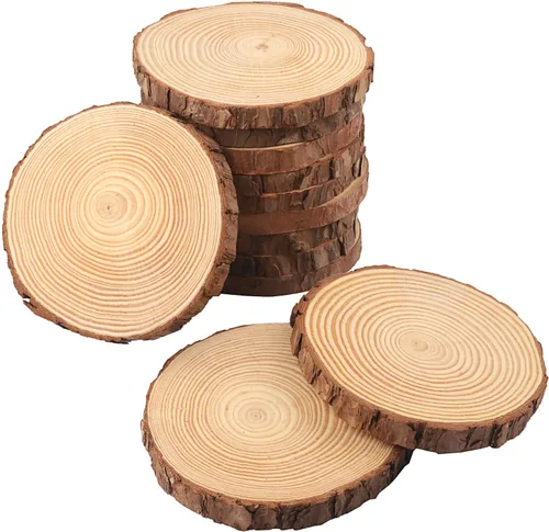Vista 17 de 4 piezas de rodajas de madera natural de 10-12 pulgadas, círculos de madera de pino sin terminar con corteza para posavasos, manualidades DIY