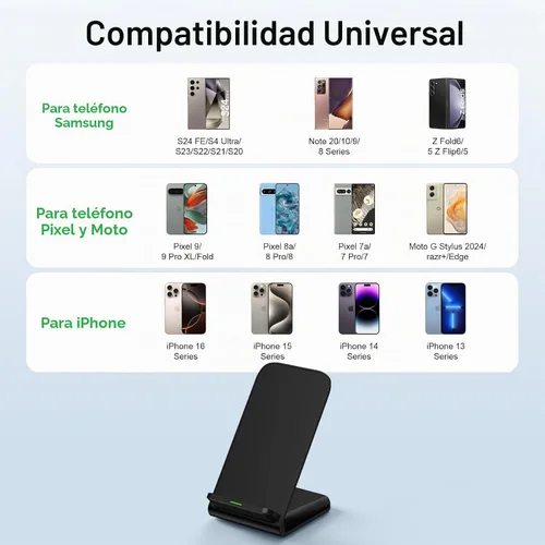 Vista 7 de Cargador inalámbrico Samsung S25 FE de 15 W, soporte de carga rápida para Galaxy S26+S26 Ultra S25 S24 FE S23 S22, para Motorola estación de carga