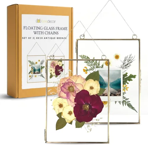 Vista 12 de Beedecor Juego de 2 marcos colgantes de vidrio doble para flores prensadas, hojas y obras de arte, marco flotante de metal grande con cadena, marcos
