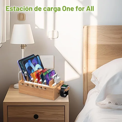 Vista 6 de Pezin & Hulin Estación de carga de bambú con 5 puertos USB y 5 cables #1 (con cargador)