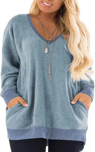 Vista 12 de DOLNINE Sudaderas de talla grande para mujer, con bloques de color, manga larga, con bolsillo 01_ negro