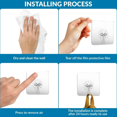 Vista 6 de Ganchos de pared de 33 libras (MÁX) autoadhesivos resistentes, 10 unidades, impermeables y a prueba de aceite, ganchos transparentes sin costuras