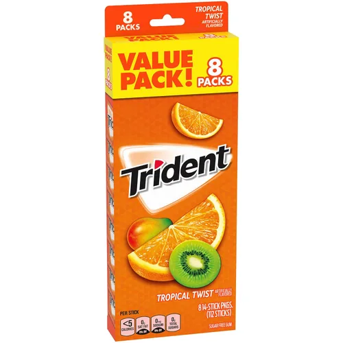 Vista 13 de Trident Tropical Twist - Goma de mascar sin azúcar, 8 paquetes de 14 piezas (112 piezas en total)