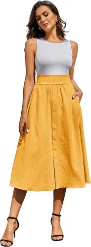Vista 2 de Kate Kasin Falda midi de cintura alta para mujer, estilo vintage, elástica, acampanada, plisada, con botones y bolsillos